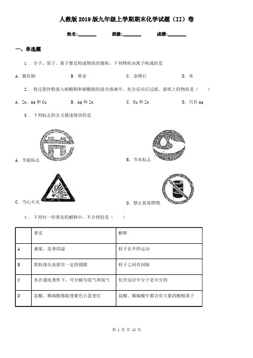 人教版2019版九年级上学期期末化学试题(II)卷新版