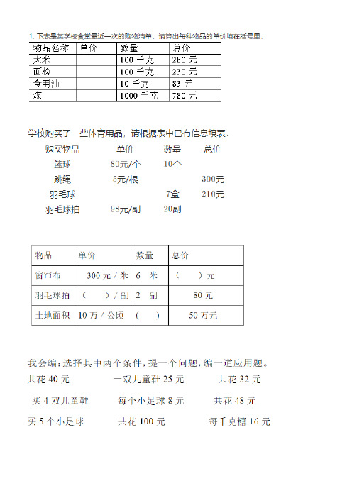 小数乘除法应用题一(购物清单)