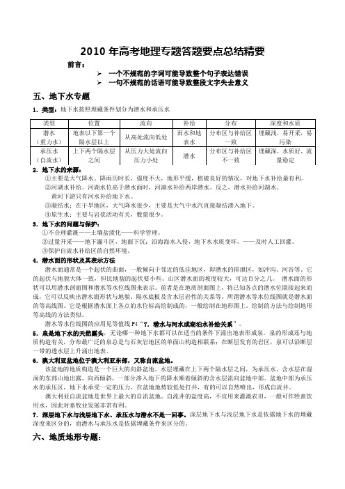 【地理】2010年高考答题要点总结精要5地下水与地质地形