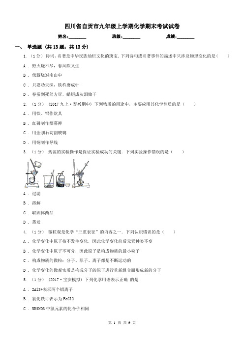 四川省自贡市九年级上学期化学期末考试试卷