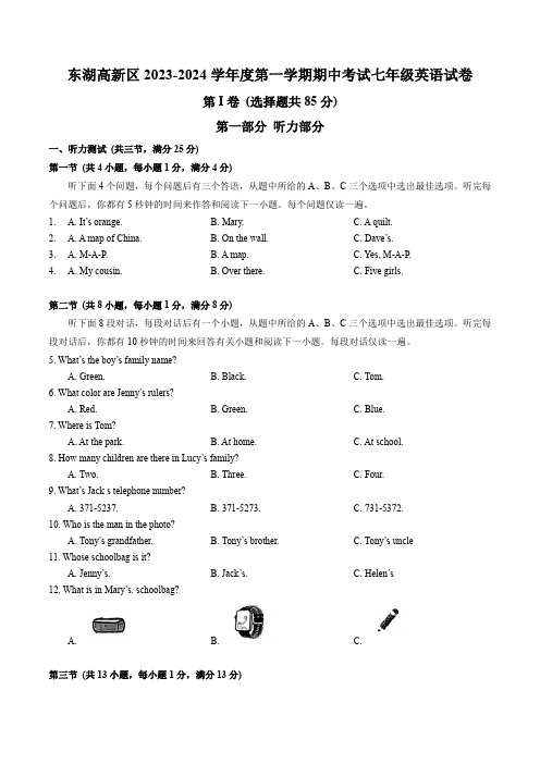 东湖高新区2023-2024学年上学期期中七年级英语试题(word版含答案)