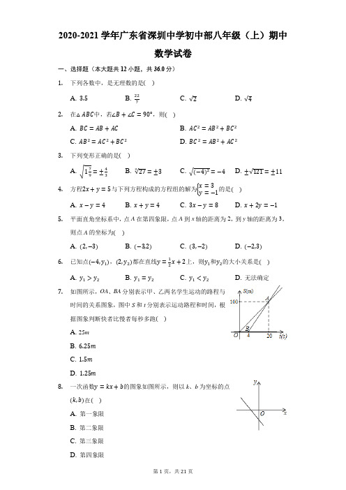 2020-2021学年广东省深圳中学初中部八年级(上)期中数学试卷