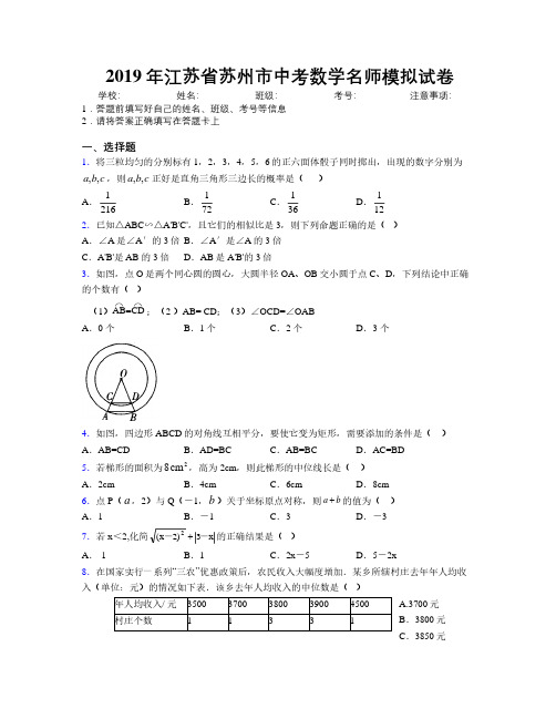 2019年江苏省苏州市中考数学名师模拟试卷附解析