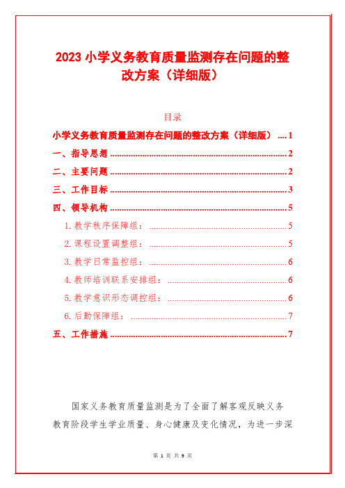 2023小学义务教育质量监测存在问题的整改方案(详细版)