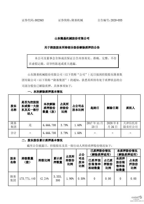 隆基机械：关于控股股东所持部分股份解除质押的公告