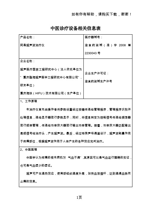 中医诊疗设备相关信息表