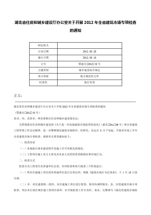 湖北省住房和城乡建设厅办公室关于开展2012年全省建筑市场专项检查的通知-鄂建办[2012]48号