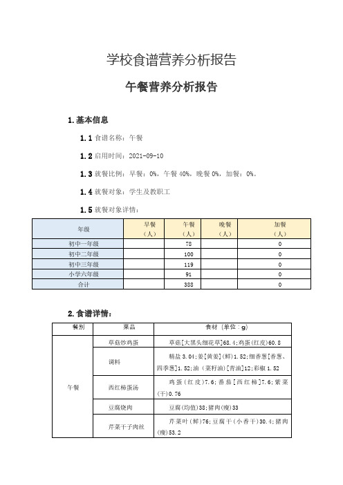 学校食谱营养分析报告午餐营养分析报告