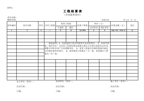 结算标准表格