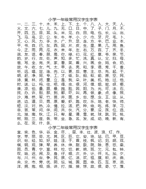 小学1-6年级常用汉字生字表    ,A4打印版