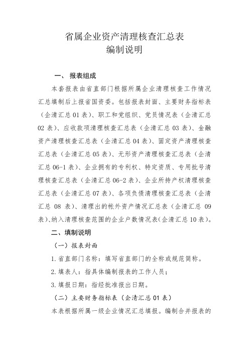 省属企业资产清理核查汇总表