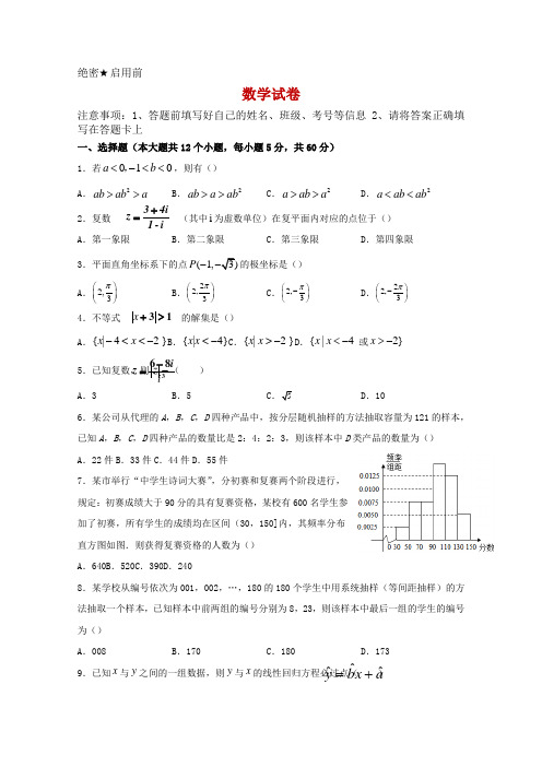 2019-2020学年宁夏青铜峡市高级中学(吴忠中学青铜峡分校)高二下学期期中考试数学(文)试题 Word版