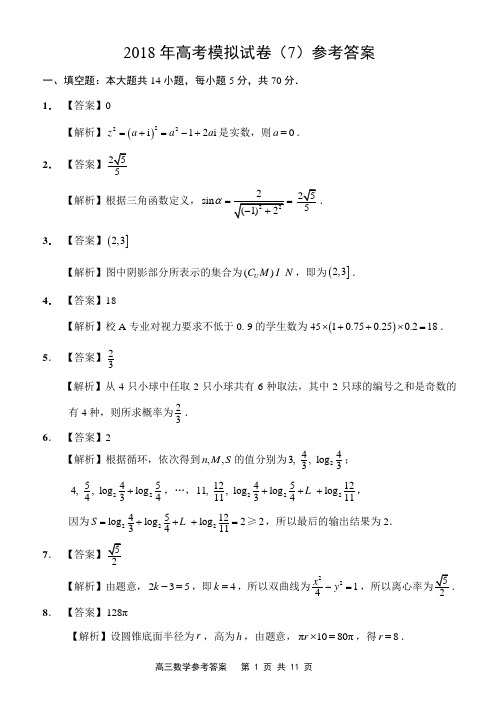 2018年高考数学模拟试卷(7)参考答案