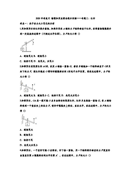 2020中考复习 物理知识点总结综合提升训练——专题三：杠杆