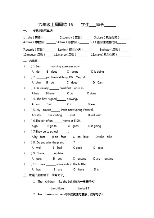 六年级上周周练16