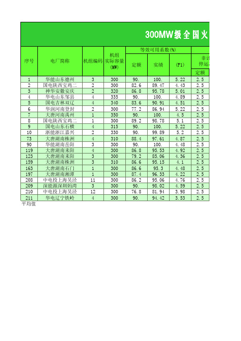 300MW全国火电机组竞赛得分统计表(纯凝湿冷机组,有删除)