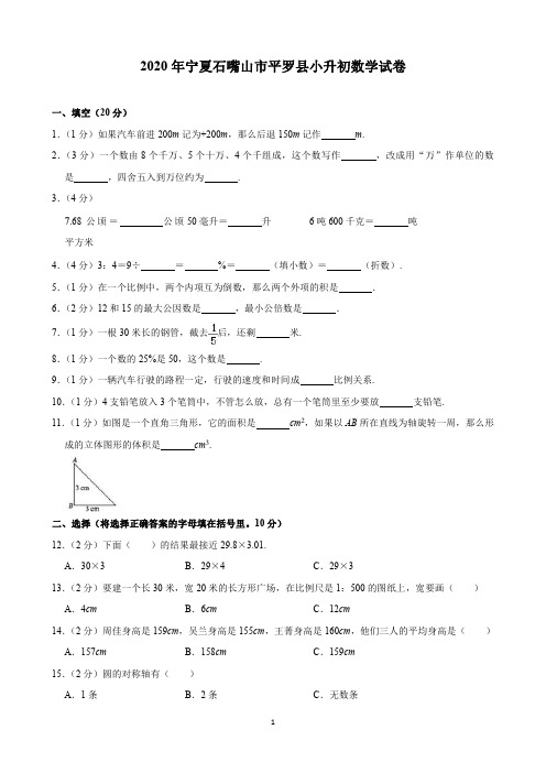 2020年宁夏石嘴山市平罗县小升初数学试卷(含解析)印刷版