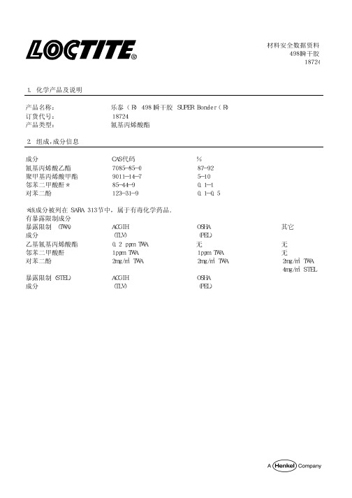 材料安全数据资料498瞬干胶