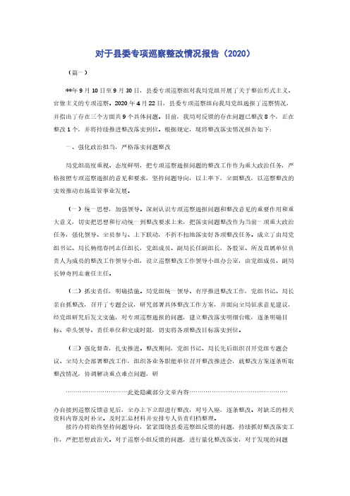 对于县委专项巡察整改情况报告（2020）