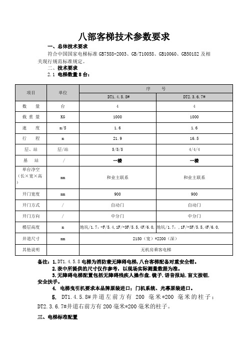 八部客梯技术参数要求