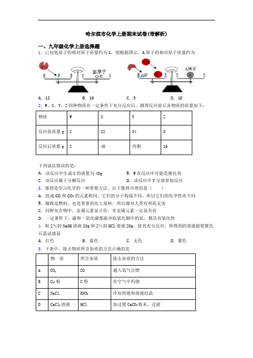 哈尔滨市化学初三化学上册期末试卷(带解析)