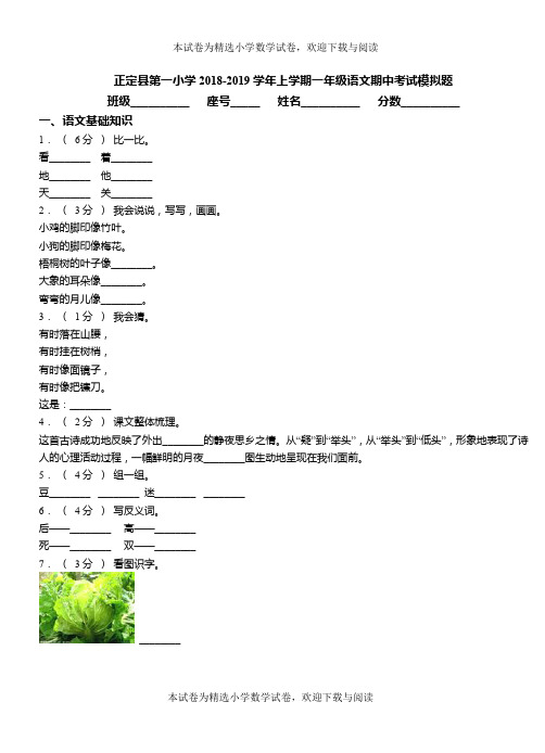 正定县第一小学2018-2019学年上学期一年级语文期中考试模拟题