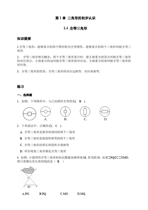 浙教版数学(八上)巩固练习 1.4 全等三角形(解析版)