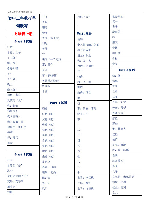 人教版初中教材全年段单词默写word四栏版本