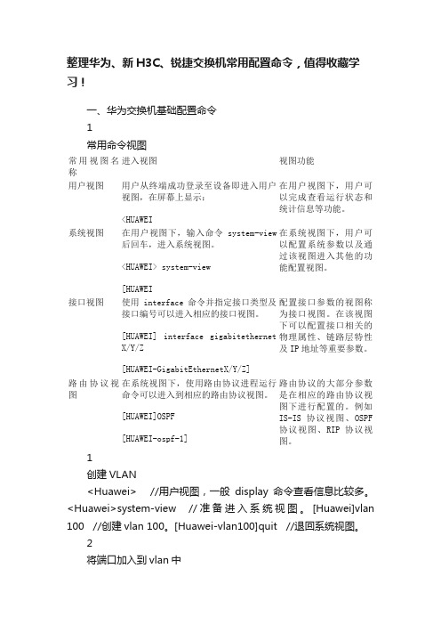 整理华为、新H3C、锐捷交换机常用配置命令，值得收藏学习！