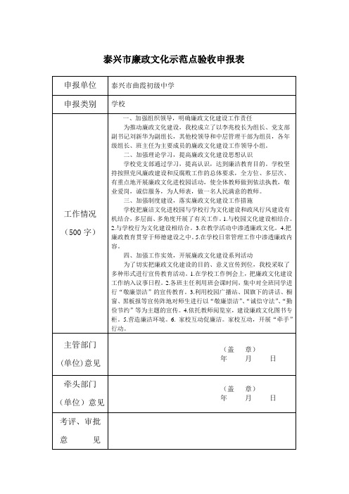 泰兴市廉政文化示范点验收申报表