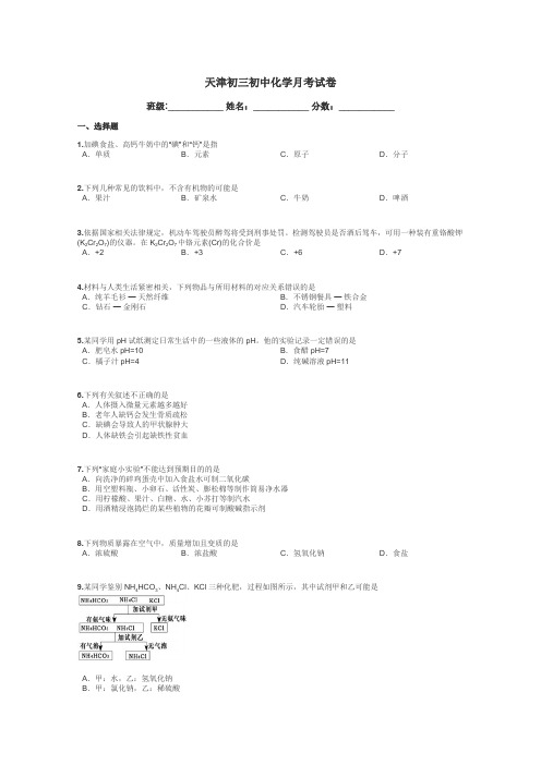 天津初三初中化学月考试卷带答案解析
