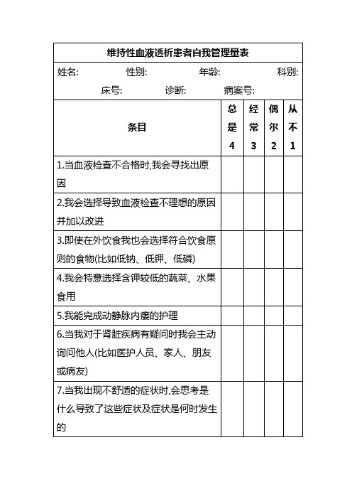 维持性血液透析患者自我管理量表