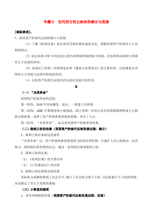 人民版历史必修知识点大全专题七近代西方民主政治的确立与发展