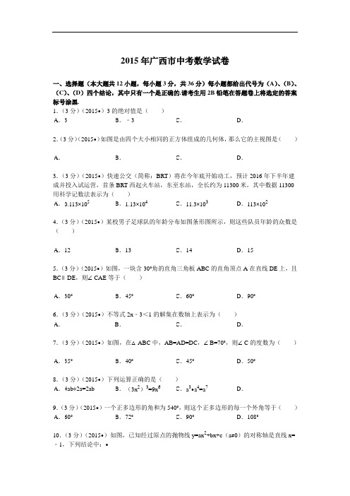 2015年广西南宁市中学考试数学精彩试题及解析汇报