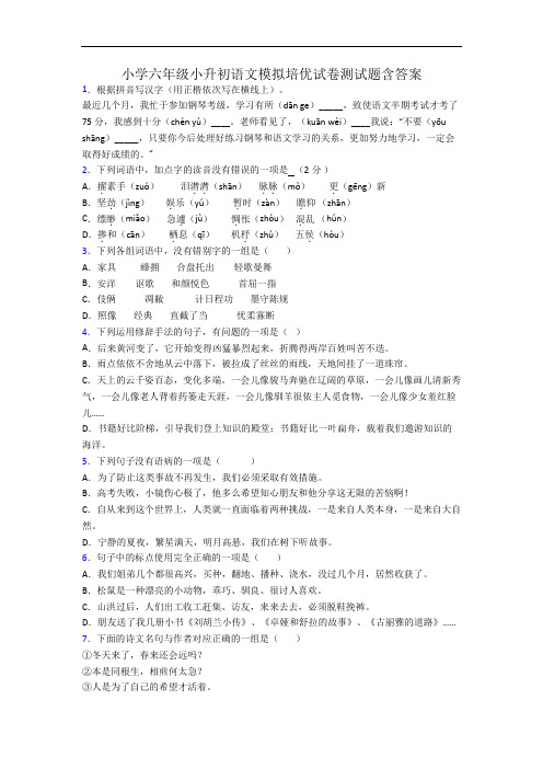 小学六年级小升初语文模拟培优试卷测试题含答案