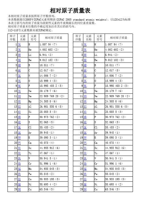 最新相对原子质量表