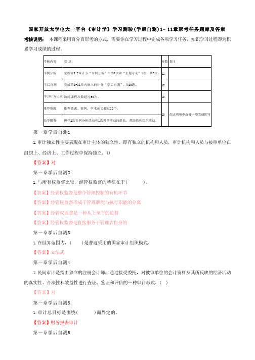 电大国家开放大学一平台《审计学》学习测验(学后自测)1-11章形考任务题库及答案