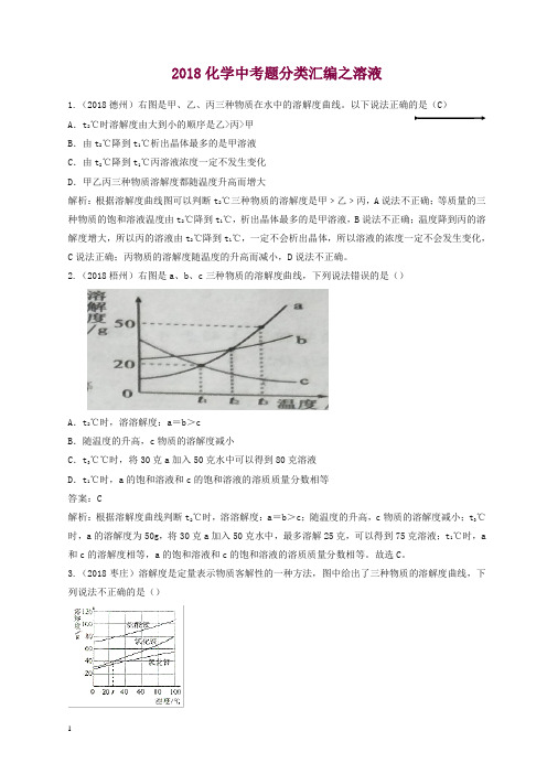 2018年中考化学真题分类汇编溶液含解析