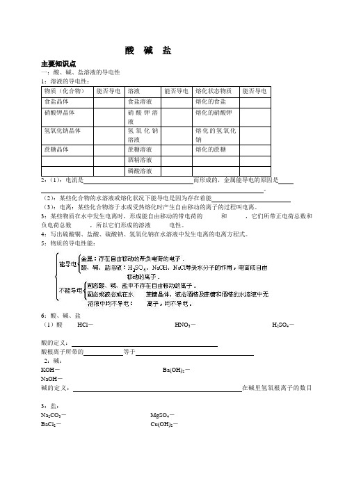 酸 碱 盐 主要知识点 一：酸、碱、盐溶液的导电性 1：溶液的导电性