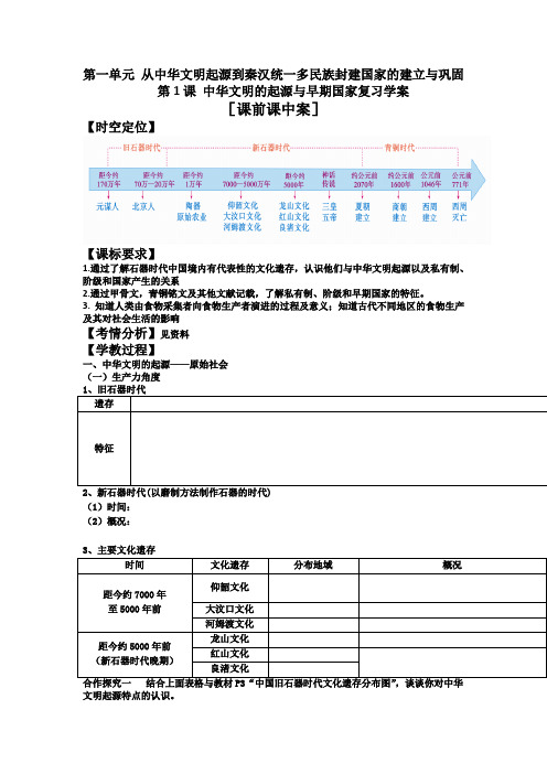第1课 中华文明的起源与早期国家 复习学案--高中历史统编版(2019)必修中外历史纲要上册