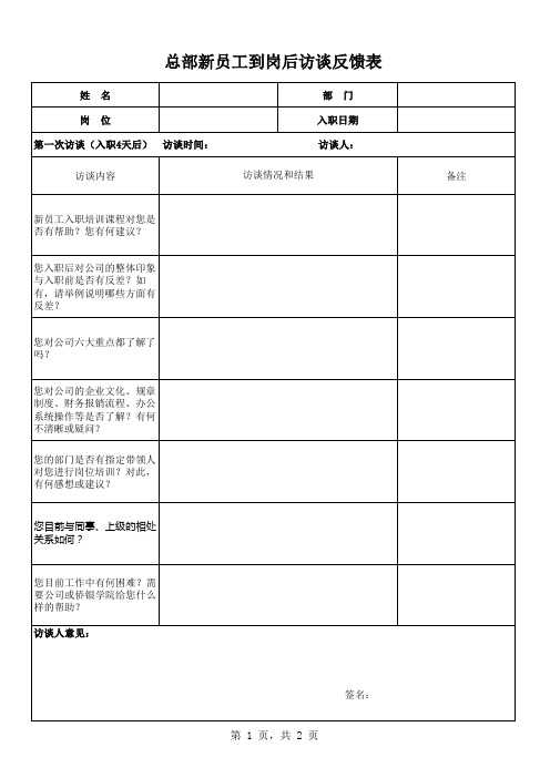 新员工到岗后访谈反馈表