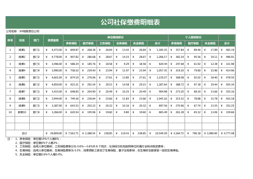 公司社保缴费明细表