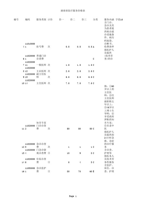 湖南省医疗服务价格标准表