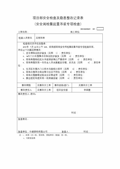 项目部安全检查及隐患整改记录表