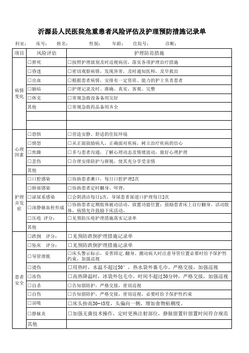 危重患者风险评估及护理预防措施记表