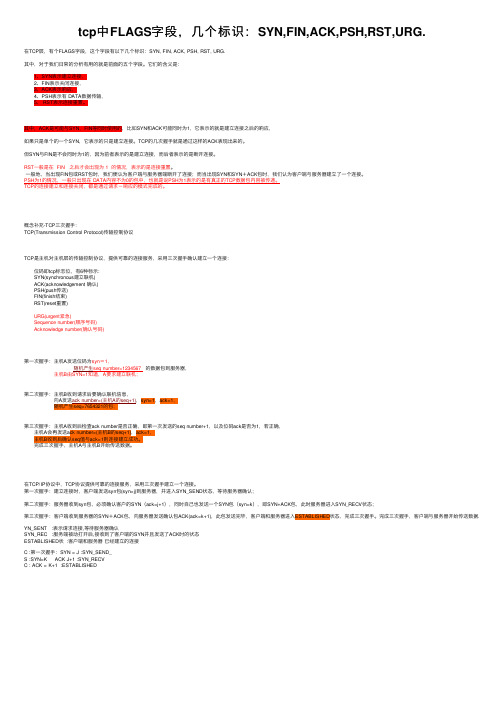 tcp中FLAGS字段，几个标识：SYN,FIN,ACK,PSH,RST,URG.