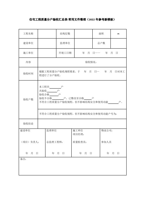 住宅工程质量分户验收汇总表-常用文件整理(2022年参考新模板)