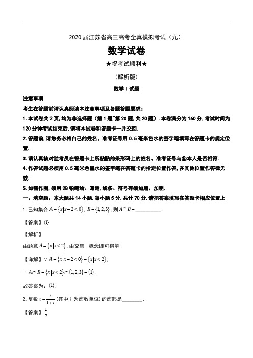 2020届江苏省高三高考全真模拟考试(九)数学试卷及解析