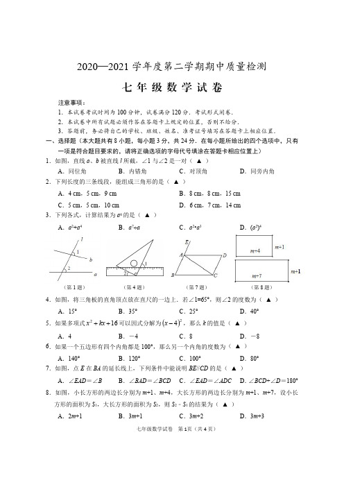 2020~2021年初一下学期期中考试数学(试卷+答案)