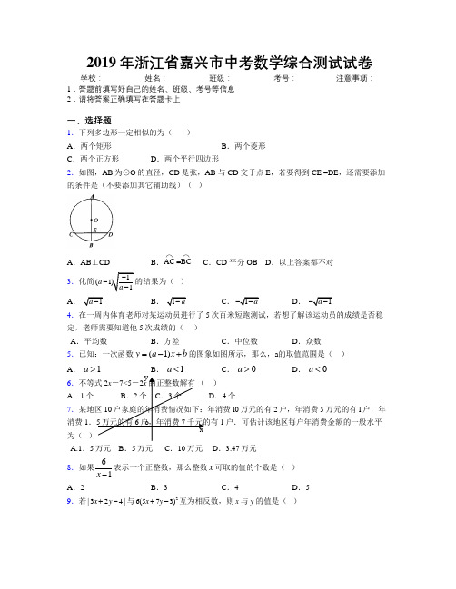 2019年浙江省嘉兴市中考数学综合测试试卷附解析